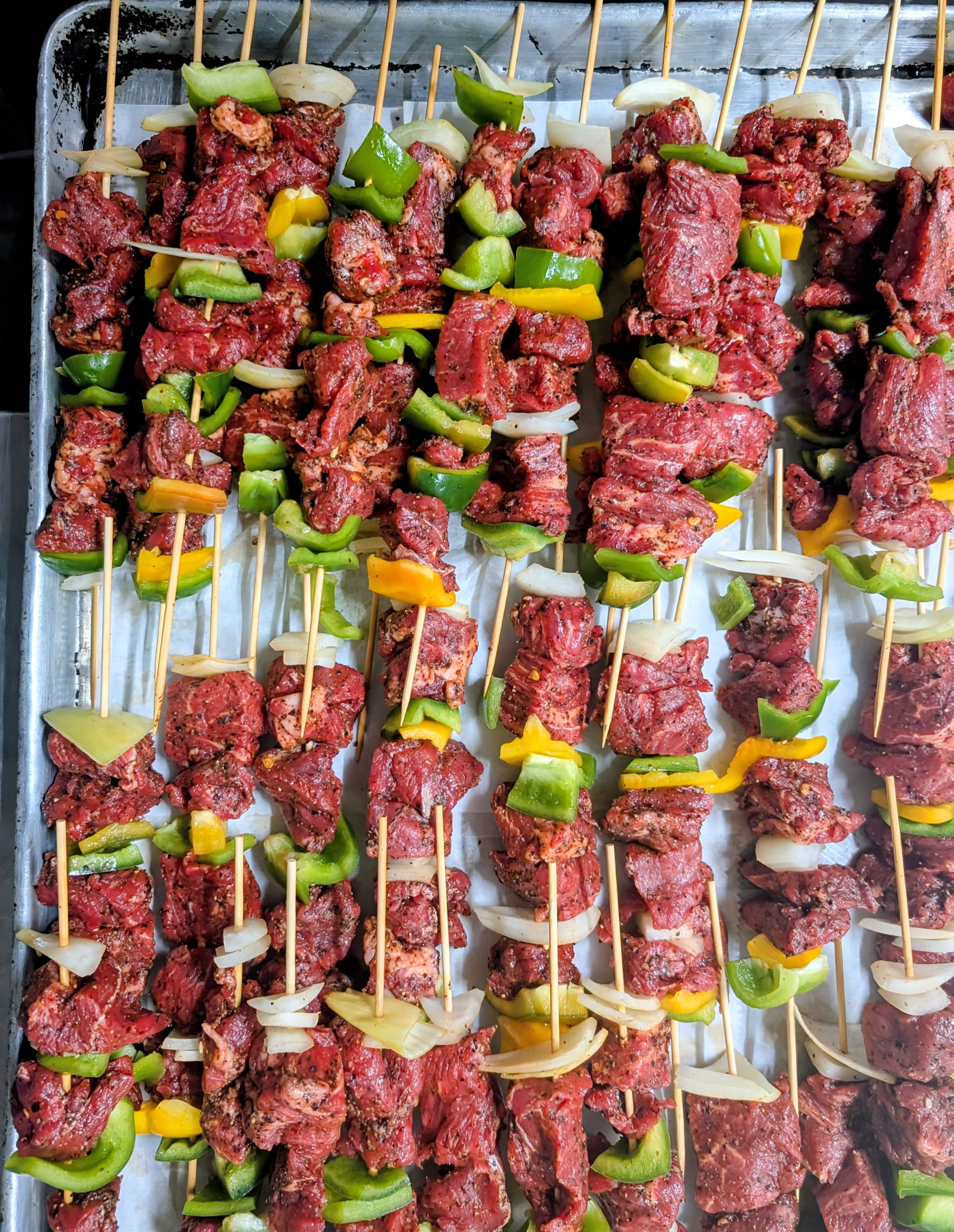 Grilled kebab skewers prepared for catering