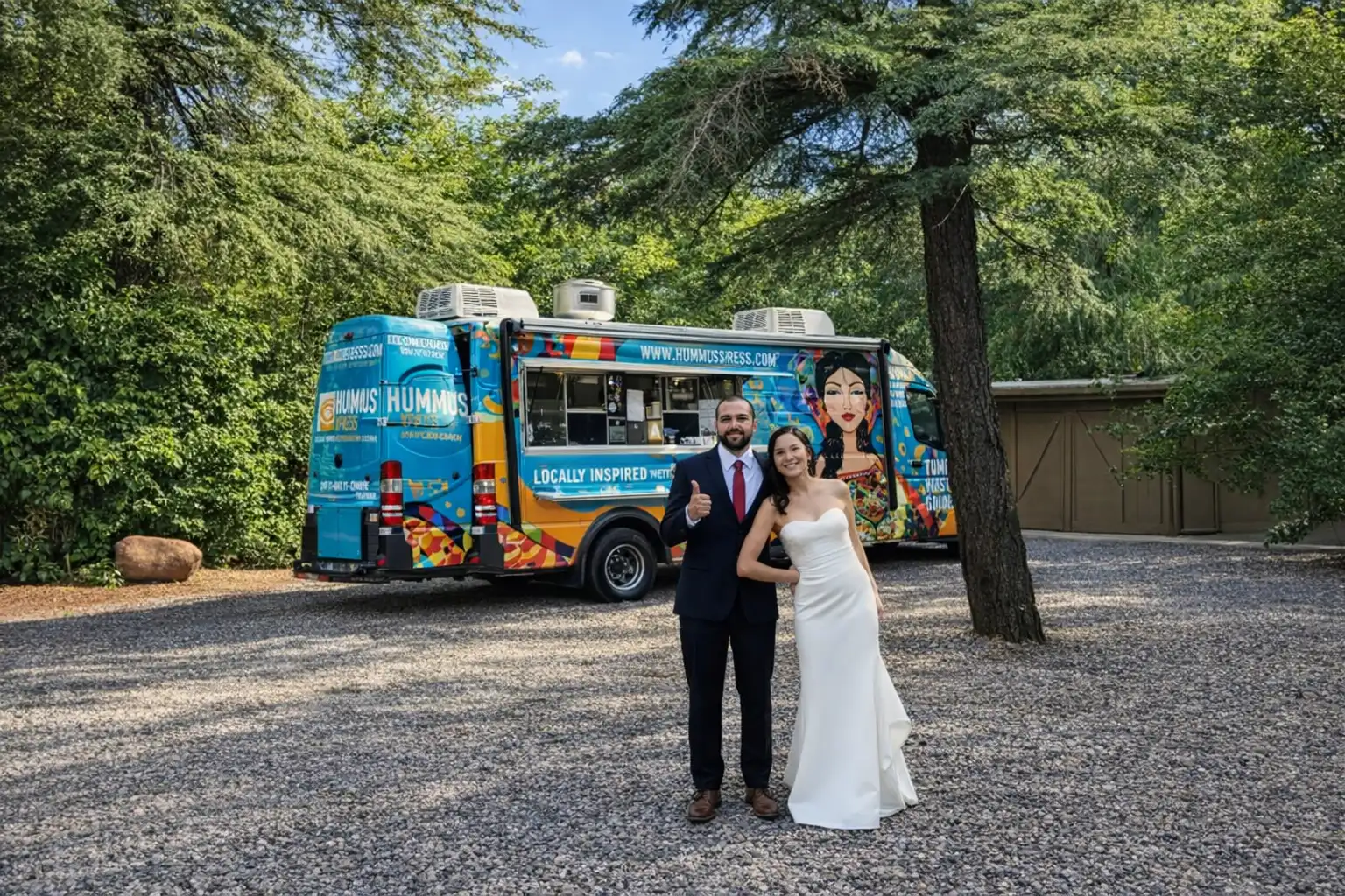 Wedding catering spread with Mediterranean dishes
